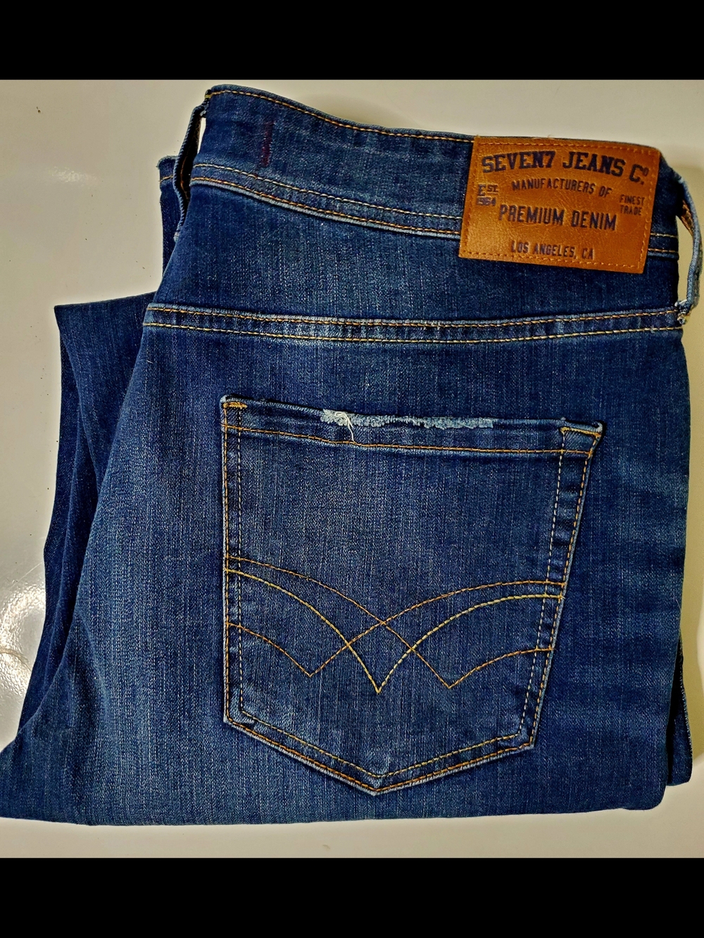 Seven7 Men's Dark Blue Straight Jeans with Contrast Stitching